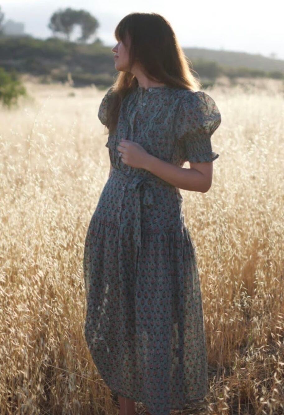 New Daughters of India Floral Prairie Tiered Dress Sage Green Button Front Sz XS